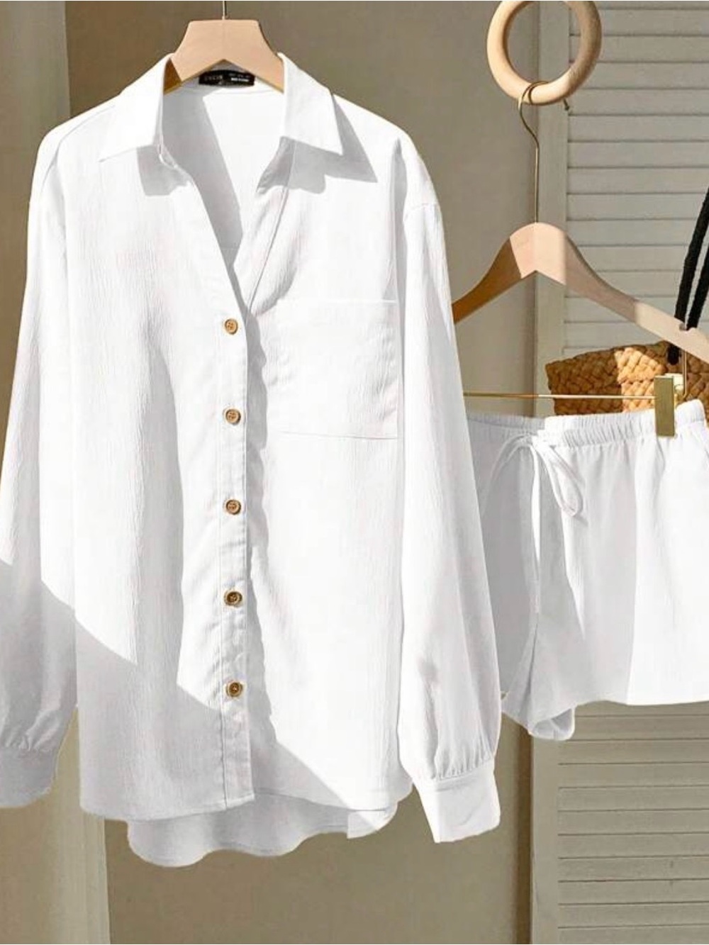 White Button-Down Shirt and Shorts Set